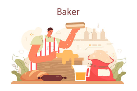 Baker concept. Chef in the uniform baking bread. Baking pastry process.のイラスト素材