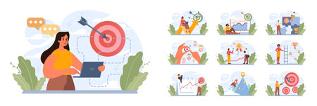 Target concept set. Ambitious characters aiming in target and shootingのイラスト素材