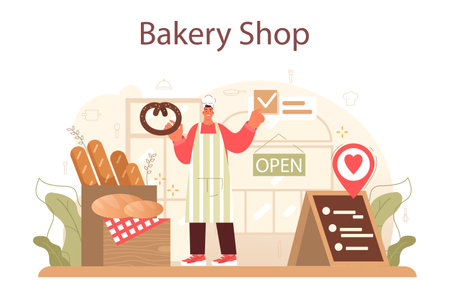 Baker concept. Chef in the uniform baking bread. Baking pastry process.のイラスト素材