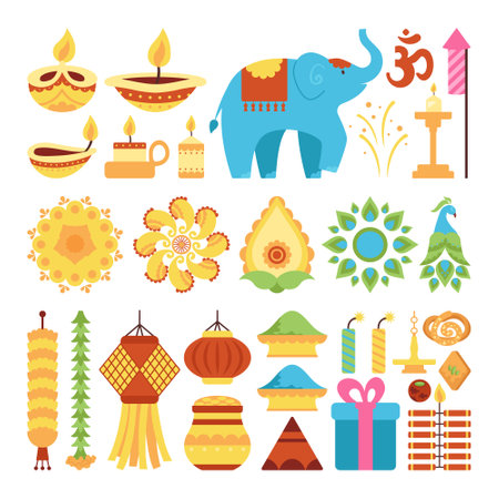 Diwali festival elements set. Candles, firecrackers, patterns, garlandsのイラスト素材