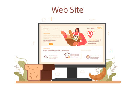 Baker online service or platform. Chef in the uniform baking breadのイラスト素材