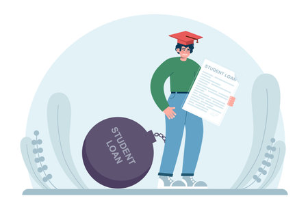 Education loan. Student characters paying debt for education.のイラスト素材