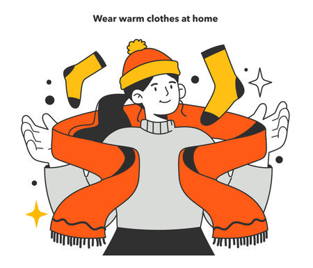 Wear warm clothes at home in emergency situation. Energy crisisのイラスト素材