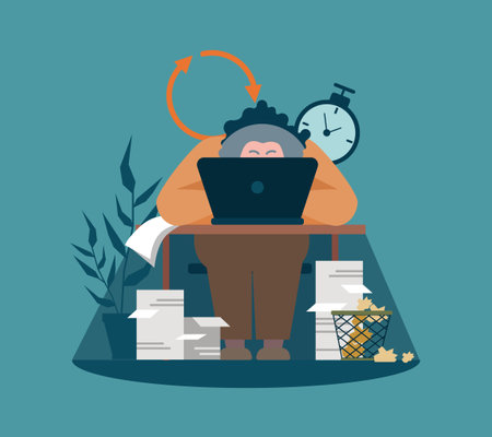 Workaholism, bad habit concept. Character with unhealthy lifestyle patternのイラスト素材