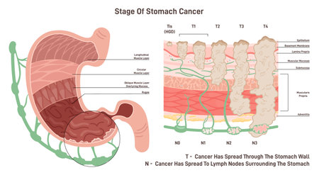 Stages of stomach cancer. Growth of pathological malignant cellsのイラスト素材
