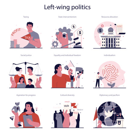 Political views spectrum set. Left-wing politics ideology principlesのイラスト素材