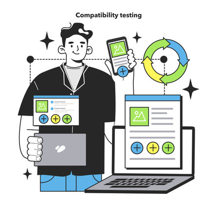 Compatibility testing technique. Software testing methodology. IT specialistのイラスト素材