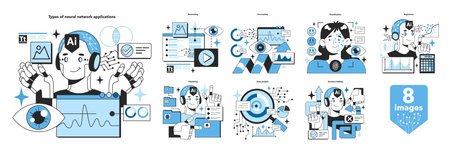 Types of artificial neural network applications set. Self-learning computingのイラスト素材