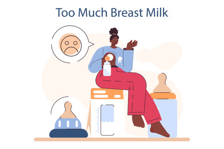 Breastfeeding problem. Too much breast milk, female character experiencingのイラスト素材