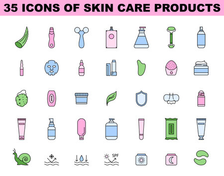 Skincare products icon set. Simple colored symbols of beauty and hygieneのイラスト素材