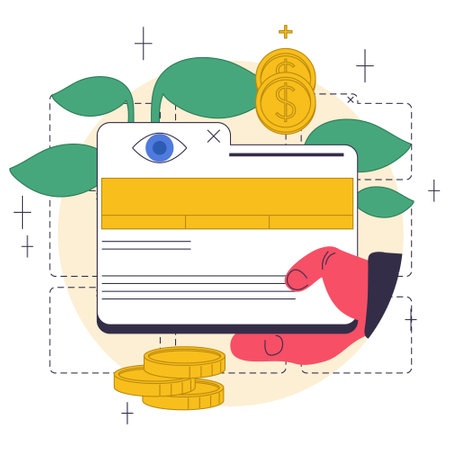 Passive income in the internet. Character making money on hosting websites.のイラスト素材