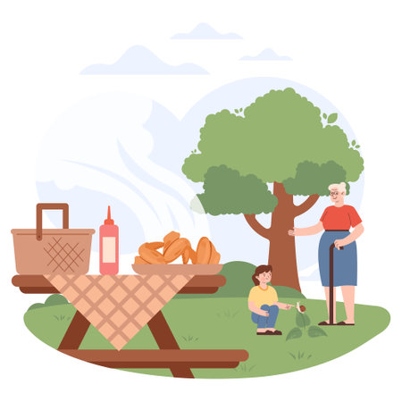 BBQ party. Grandmother and little girl playing together outside. Summer leisureのイラスト素材