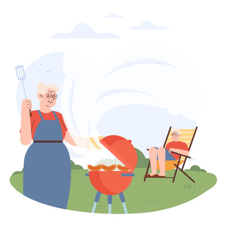 BBQ party. Senior characters grilling meat and vegetables outside.のイラスト素材