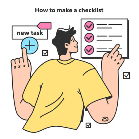 Checklist making concept. Character planning the daily routine