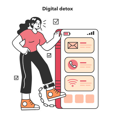 Digital detox. Female character chained to a digital device. Breakingのイラスト素材