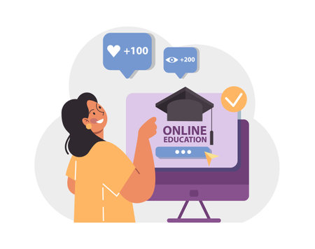 Online school or college graduation. Happy student with a e-educationのイラスト素材