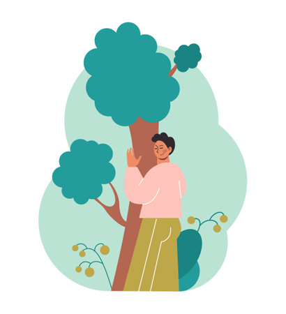 Nature therapy. Character being in nature to boost wellness and mentalのイラスト素材