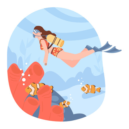 Scuba diving. Character in diving mask swimming in sea or ocean,のイラスト素材