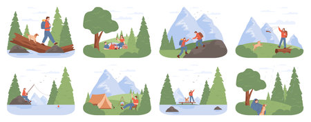 Outdoor adventure or recreation set. Character spending their timeのイラスト素材