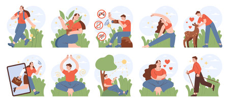 Retreat activities set. Modern practice for body and mind wellness.のイラスト素材