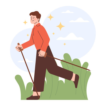 Outdoor recreation. Character doing cardiovascular exercise with nordicのイラスト素材