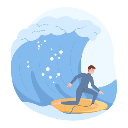 Summer beach sport. Character in a swim suit surfing in sea or ocean.のイラスト素材