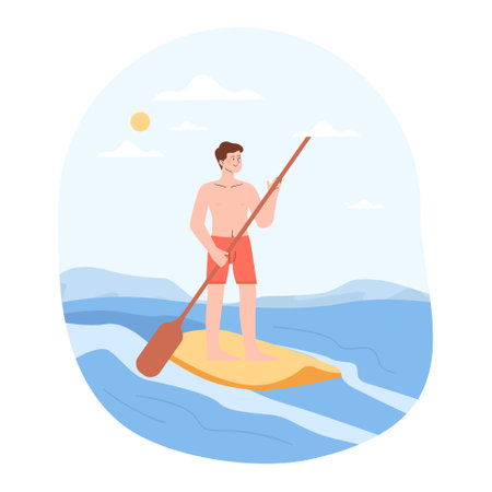 Summer beach sport. Character standing on paddle boards in sea or oceanのイラスト素材