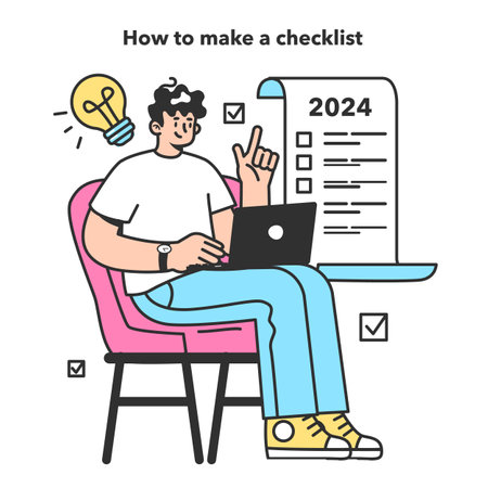 Checklist making concept. Character making big plans for a year ahead.のイラスト素材