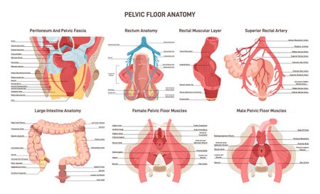Pelvic floor anatomy. Rectum and colone blood supply, muscularのイラスト素材