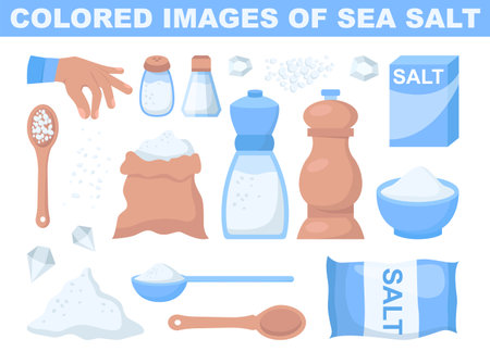 Sea salt set. Spice or seasoning packaging. Glass pots, bottles, spoonのイラスト素材