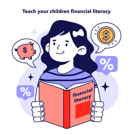 Teach your children financial literacy. Little girl studying householdのイラスト素材