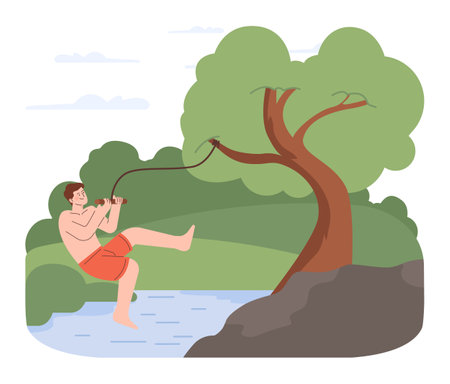 Water recreation. Character wild swimming in local reservoirs. Summer holidaysのイラスト素材