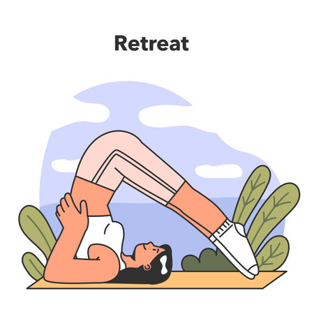 Retreat. Female character doing yoga exercise outside. Modern practiceのイラスト素材