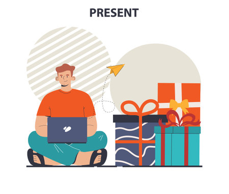 Happy people with gifts boxes. Character group holding, recievingのイラスト素材