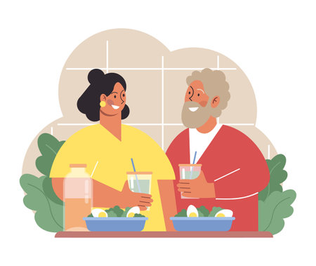 People eating healthy food. Family members or friends eating dishesのイラスト素材