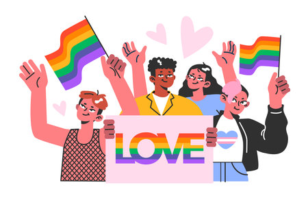 Cheerful characters with rainbow flags celebrate pride month. LGBTQのイラスト素材