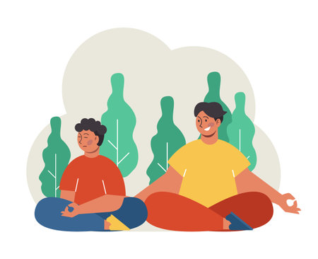 Fatherhood. Dad and child spending time together, doing yoga breathingのイラスト素材