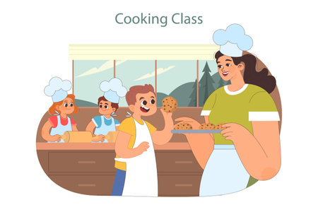 Summer camp cooking class. Happy kids enjoying holidays togetherのイラスト素材
