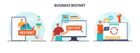 Business restart set. Company reopening or project reboot. New chanceのイラスト素材