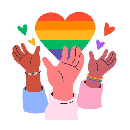 Cheerful characters hands with rainbow heart celebrate pride monthのイラスト素材