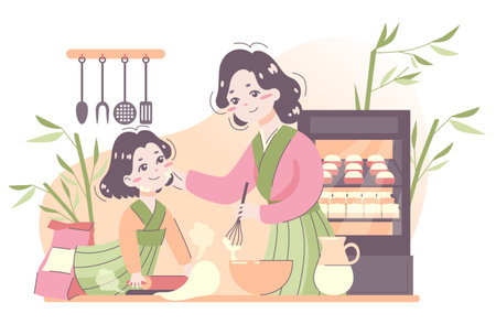 Daily routine of an asian woman. Japanese housewife in traditionalのイラスト素材