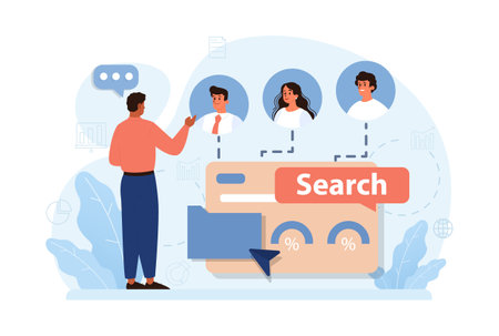 New customers search. Character looking through binoculars. Businessのイラスト素材