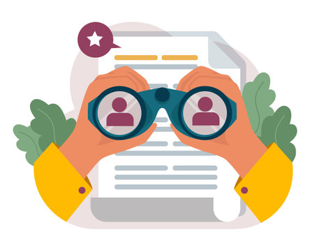 New customers search. Character looking through binoculars. Businessのイラスト素材