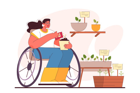 Character enjoy gardening. Disabled woman on a wheelchair plantingのイラスト素材