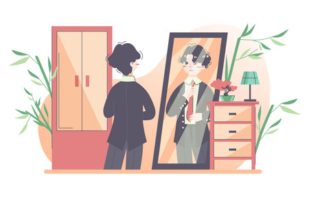 Daily routine of a asian man. Guy dressing up getting ready to goのイラスト素材
