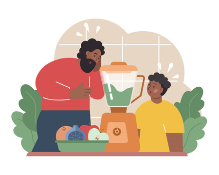 Parents teaching their child how to cook. Family making foodのイラスト素材