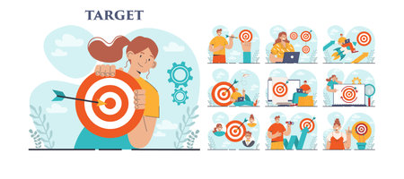 Target concept set. Ambitious characters aiming in target and shootingのイラスト素材