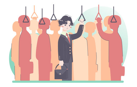 Daily routine of an asian man. Japanese clerk in the train. Crowdedのイラスト素材