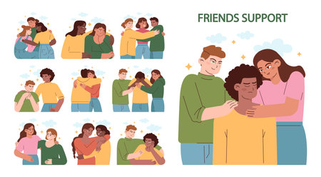 Friends support set. Mental support and comfort for stressed or upsetのイラスト素材