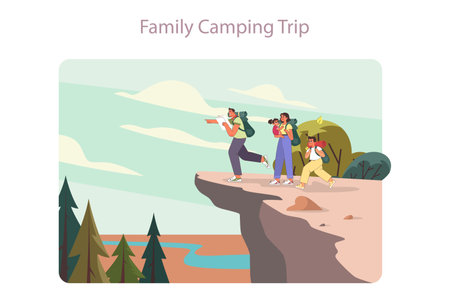 Family trip. Big family with children camping or hiking on a summerのイラスト素材